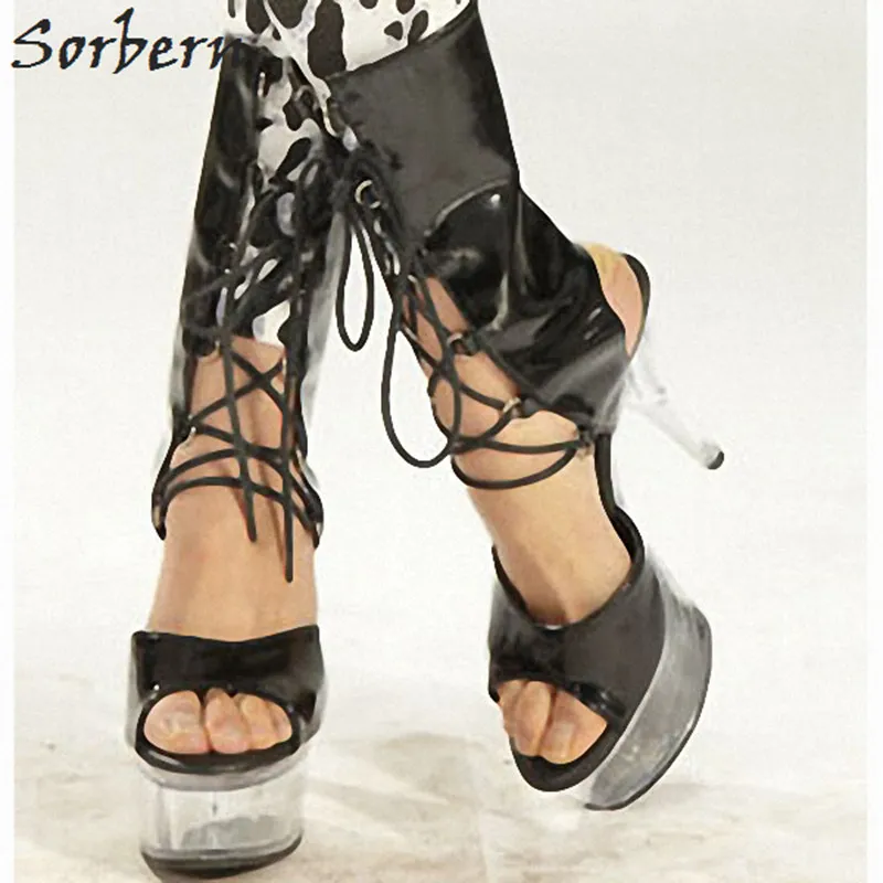 

Sorbern Patent Leather Black Ankle Boots China Size 35-46 Bottines Femme 2018 Platform 5Cm Cross-Tied Peep Toe Fashion Boots