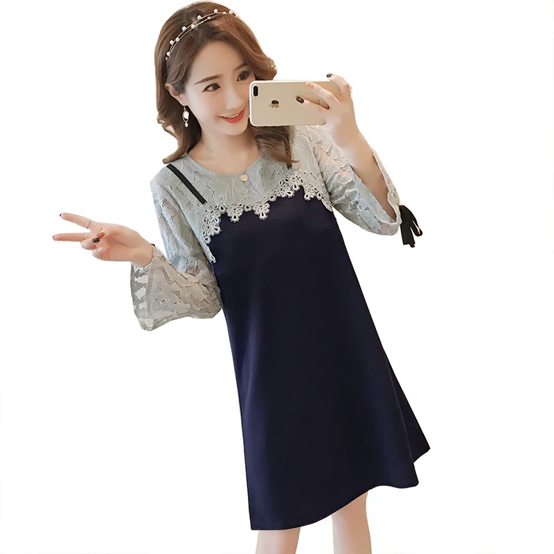 

2018 Pregnant Women Lace Splicing Dress Ruffle Patchwork Long sleeve Maternity Dresses Spring Summer Pregnancy Clothes Blue