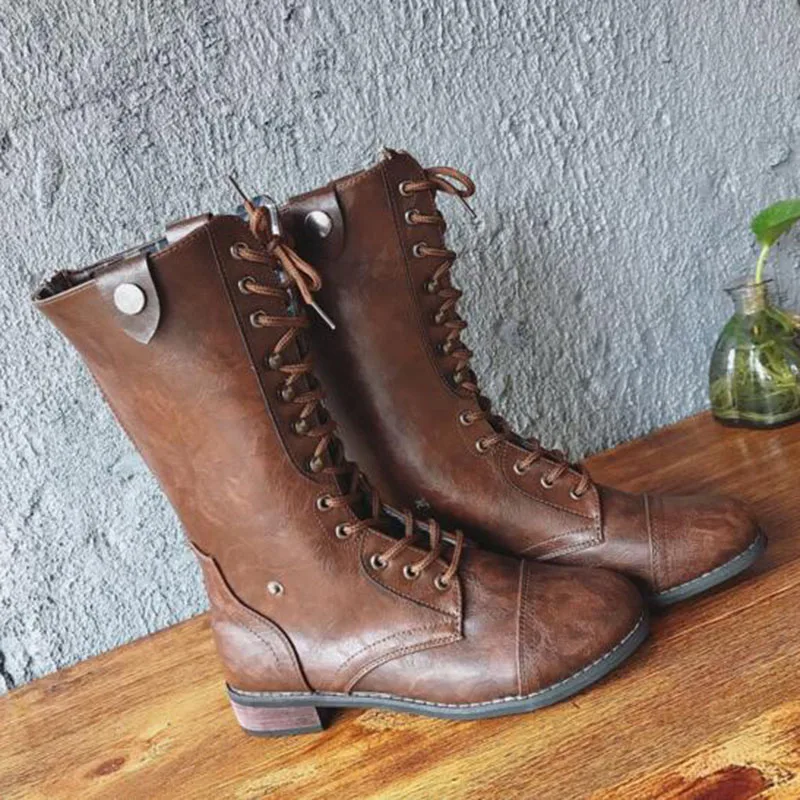 

Europe America Style Women Fashion Mid-calf PU Leather Boots,Solid Color Slim Fit Breathable Non-slip Riding Rubber Lace-up Boot