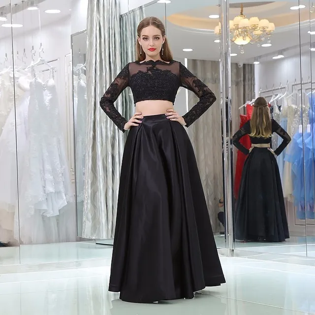 Black Color Prom Dress Y Two Piece Long Sleeves Lace Evening Black Color Prom Dress Y Two Piece Long Sleeves Lace Evening Party Gown Plus Size Custom