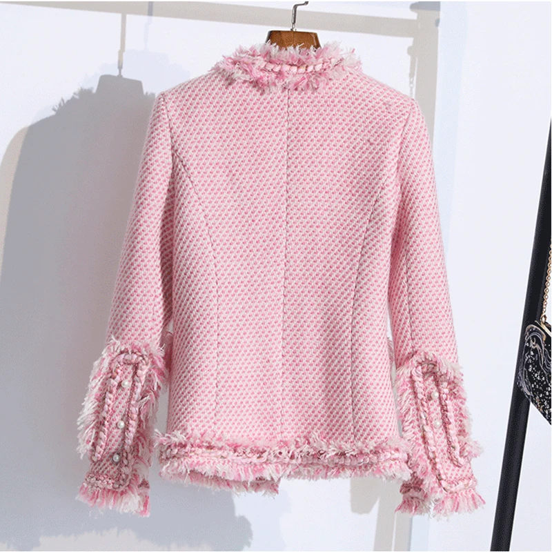 LXUNYI Pink Two Piece Set Women Tweed Skirt Suit Slim Jacket And Skirt High Quality Tassel Woolen Skirts Suits Female Elegant