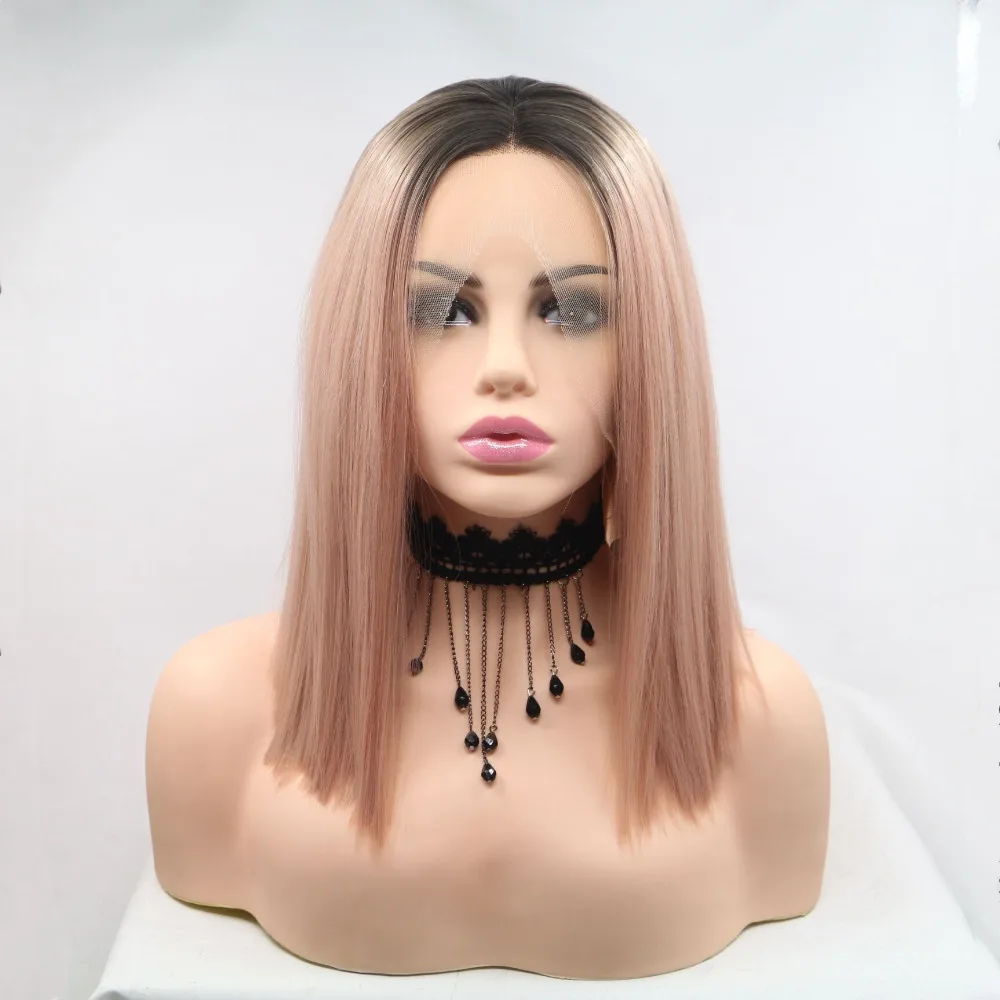 Marquesha синтетический парик фронта шнурка Омбре пыльное розовое золото термостойкие волокна Замена парики для женщин