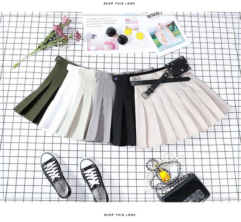 New Hip-hop Women's Harajuku Pleated Skirt Gothic Black High Waist Mini Skirts Cute Girls Punk A Line Short Skirt With Belt