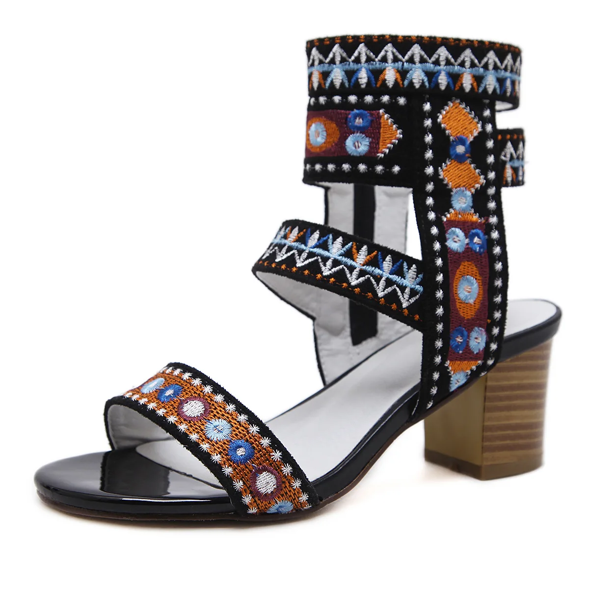 

2019 Bohemian Sandals Roman Stiletto Embroidered Women's Shoes In Summer Microfiber Party Buckle Strap Ethnic