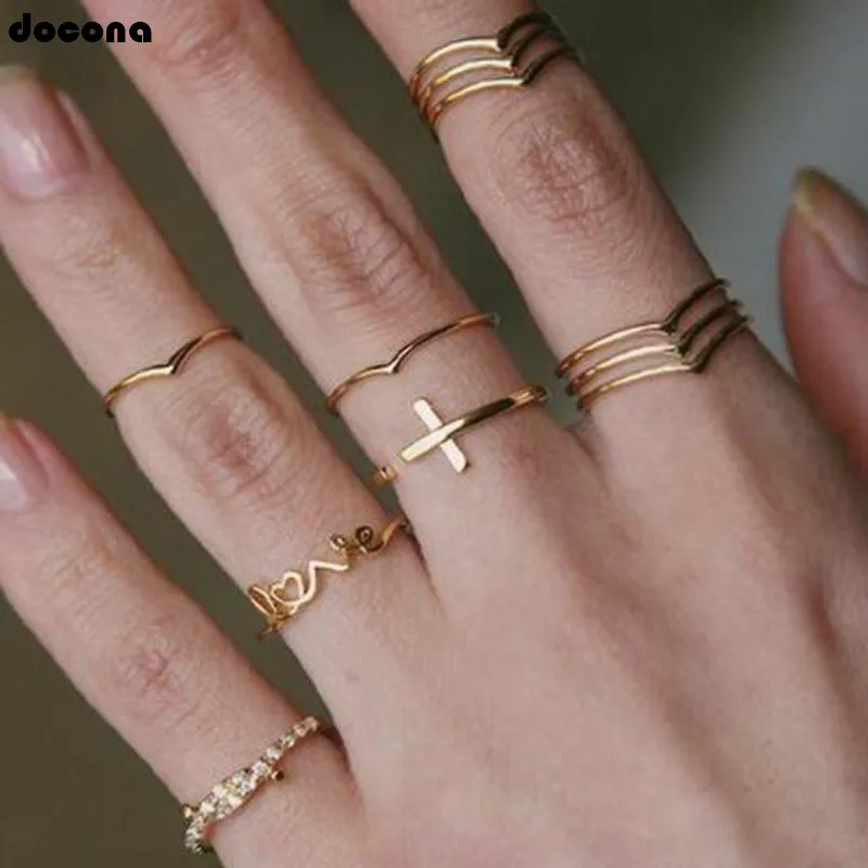 

Docona Simple Gold Color Geometry Heart Open Knuckle Midi Ring Set For Women Punk Metal Inlay Crystal Love Cross Jewelry 2619