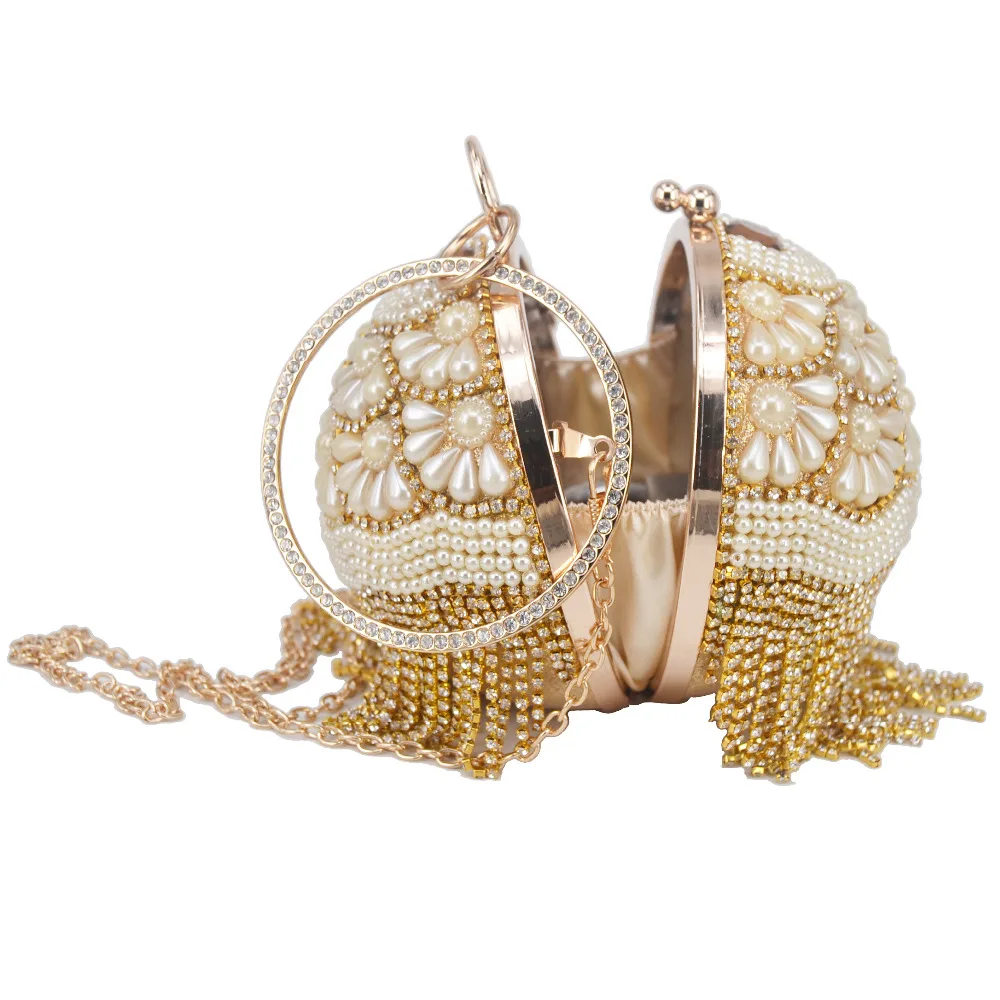 Bowling Design Pearl Clutch Bag circular ring Wristlets Bag Women Party Evening Crystal tassels Ball Female wallet XQ-15