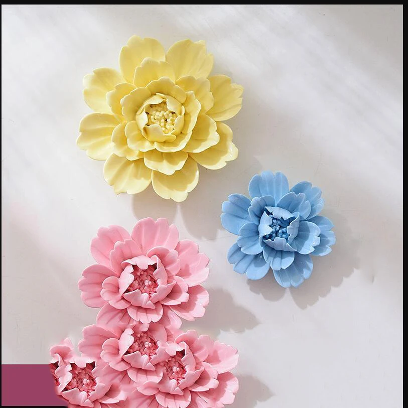 Pastoral 3D Ceramic Flower Wall Sticker Crafts Restaurant Bar Wall Hanging Ornaments Home Livingroom Mural Decoration Art