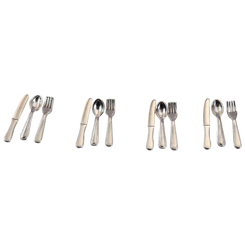 1:12 Scale Miniature cutlery metal knife mini dolls kitchen spoon fork tableware12 pieces dollhouse