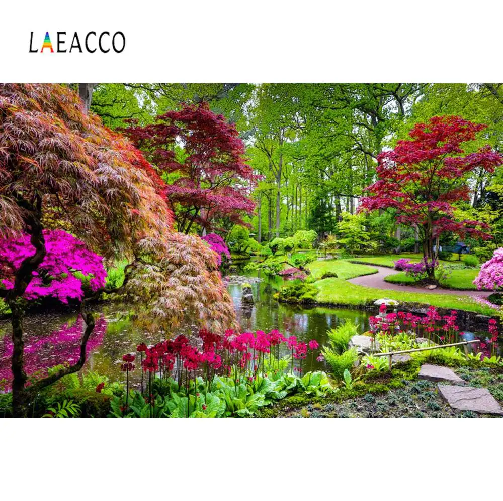 Laeacco фон природа зеленое дерево цветы озеро парк сад путь красивый вид фотографический фон фотосессия Фотостудия