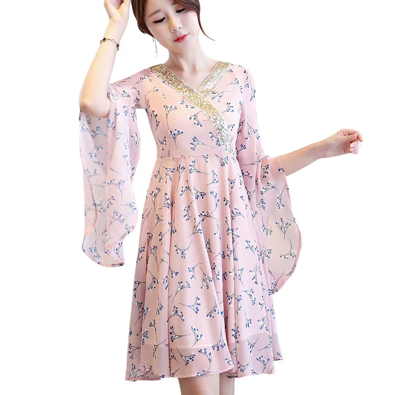 Office Lady Printed Chiffon V Neck Sexy Dress Female Floral Ruffles Dress Summer Women New Flare 