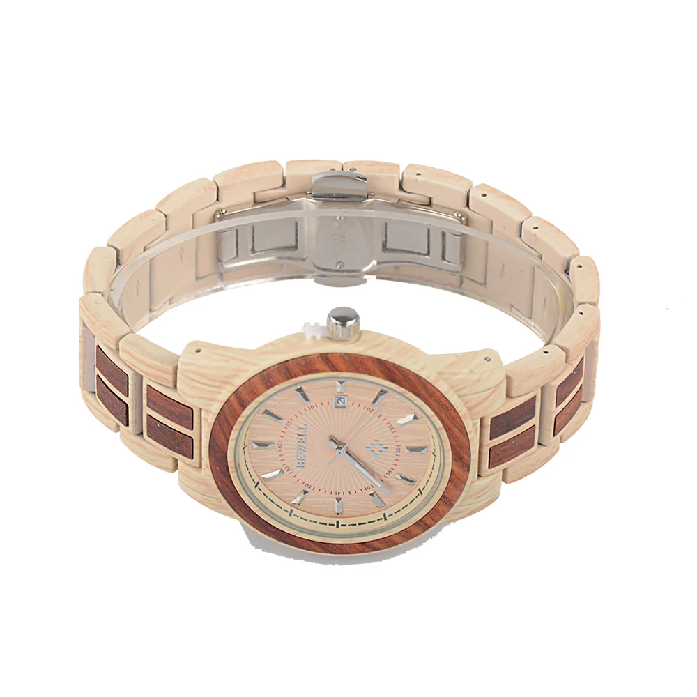 BEWELL New Arrival Unisex Alloy Wood Watch Men And Women Round Quartz Wristwatch 3 Bar Water Risistance Auto Date Watch W1053A 