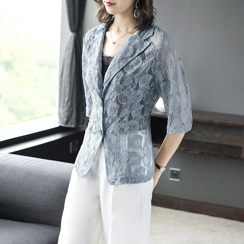 

2019 summer new five-point sleeve thin section Slim openwork lace small suit jacket female