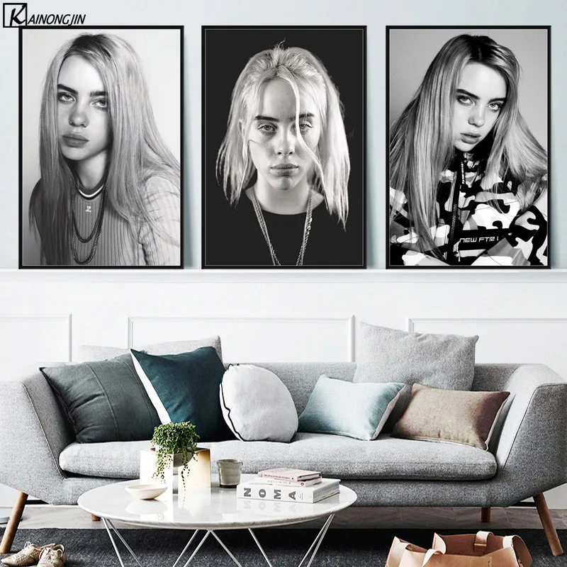 

Black White Billie Eilish Poster Sexy Young Music Star Posters and Prints Canvas Painting Wall Art Picture for Room Home Decor