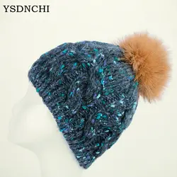 YSDNCHI чисто ручной Многоцветный шерстяные бейсболки женские шапочки Мужская Мода Weave меховой шарик Hat взрослых трикотажные теплые Шапки