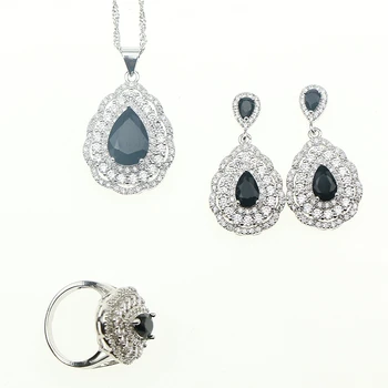 

Fashion Women Sterling Silver 925 Jewelery Black Cubic Zirconia Crystal Earrings/Pendant/Necklace/Ring Jewelry Sets