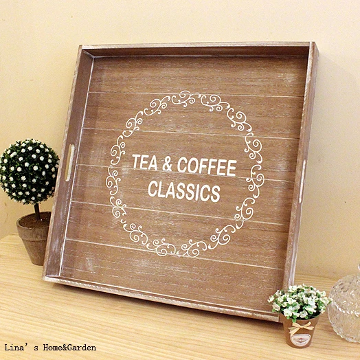 classic tea coffee hand crafted shabby large wooden square tray with cutout handle (7)