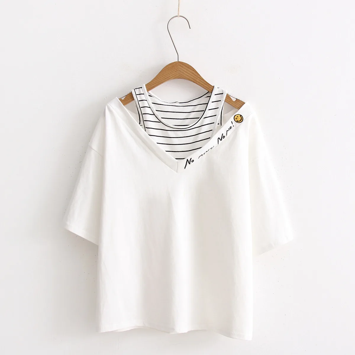 

Women's Tops 2019 Summer Short Sleeve Tshirt Faux Two pieces Casual O-neck T-shirt Letter embroidery harajuku camisas mujer