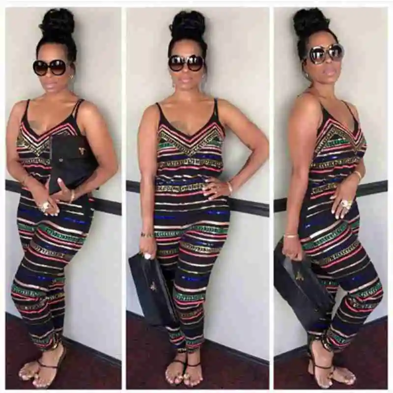 

Fashion Womens Casual Striped Playsuit Ladies V Neck Sleeveless Romper Long Trouser Evening Party Jumpsuit