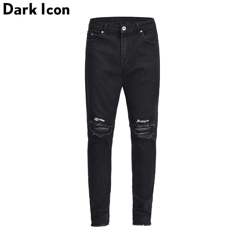 DARK ICON Letter Embroidery Ripped on Knee Unlock Cuff Jeans Men 2018 ...