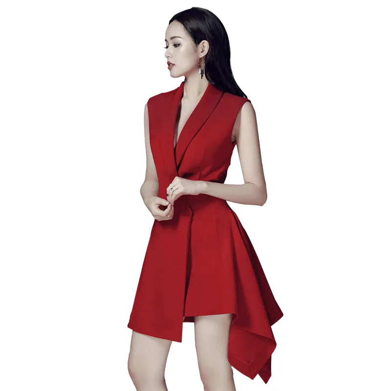Деловое летнее красное необычное платье Vestidos модное женское без рукавов с необработанным краем воротник элегантное вечернее платье офисное OL сексуальное торжественное платье