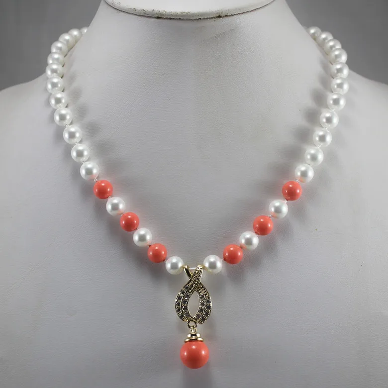 

wholesales/retail simple 8mm white mixed orange red pearl necklace+14mm pearl pendant gift, 18 inches free shipping