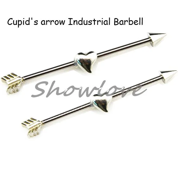 

Showlove-5pcs Surgical Steel 14G Cupid's arrow Industrial Barbell Earring Ear Stud Plug With Heart Piercing Jewelry