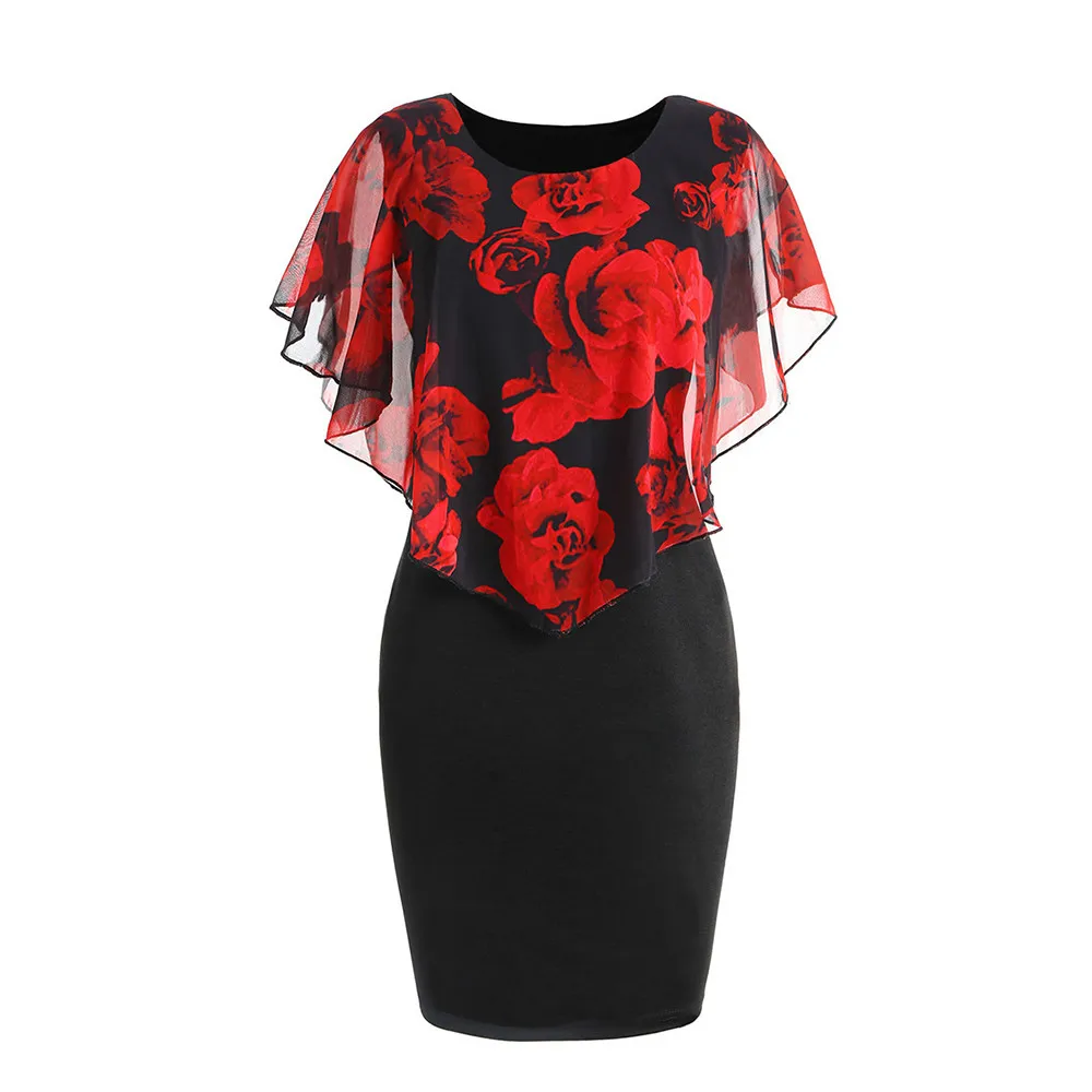 

4XL 5XL Rose Print Summer Sheath Club Dress Bodycorn Skinny Slim Mini Dress Women Chiffon Elegant Pencil Vestidos Plus Size