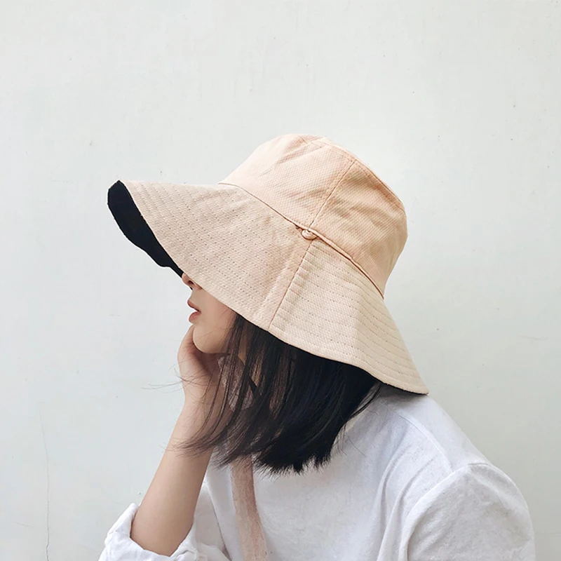 Для женщин ведро Шапки Двусторонняя сплошной универсальные широкими полями корейский стиль женские элегантные летние солнцезащиты шляпа Сладкий Kawaii Прекрасный