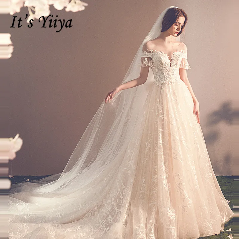 Это YiiYa свадебное платье полный вышивка кружева лодка вырез, свадебные платья на спине с аппликацией и бантом короткий рукав торжественные платья G024