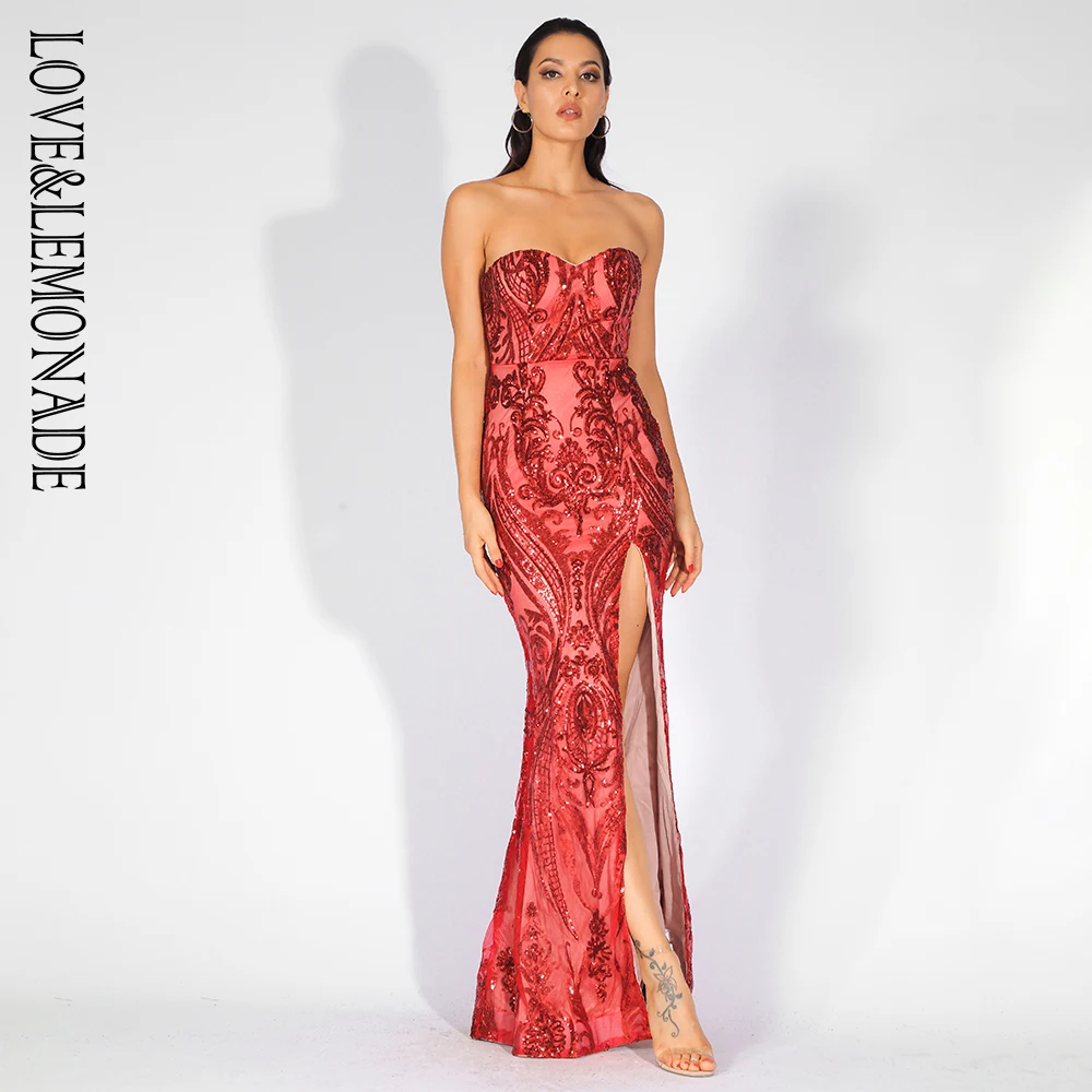 

Love&Lemonade Sexy Strapless Cut Out Geometric Pattern Sequins Bodycon Maxi Dress LM81342-2 RED