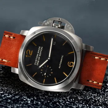 

bomax marina pam 42mm black dial silver steel Caseblack Dial Automatic Watch leather strap U1