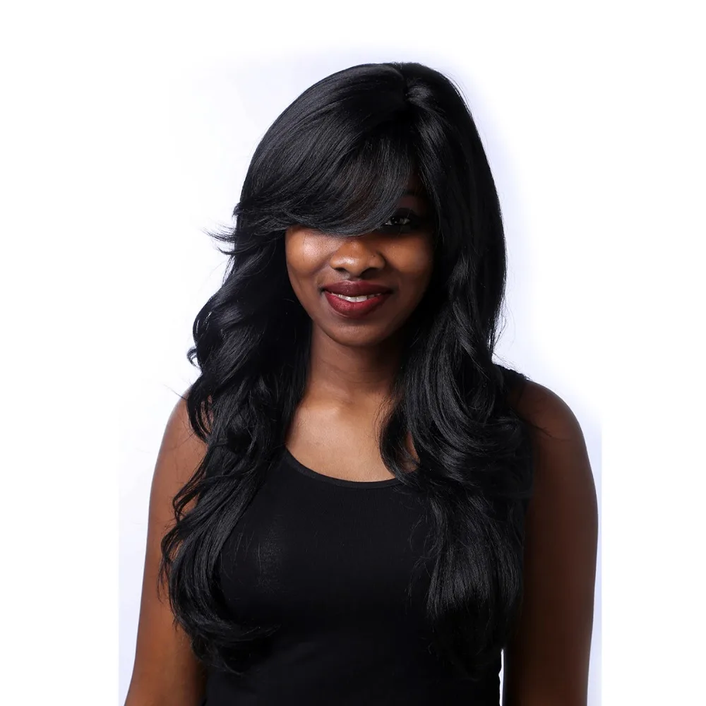 Yiyaobess 24 дюйма 1B длинный черный парик волнистые прически для женщин термостойкие синтетические афроамериканские парики с челкой