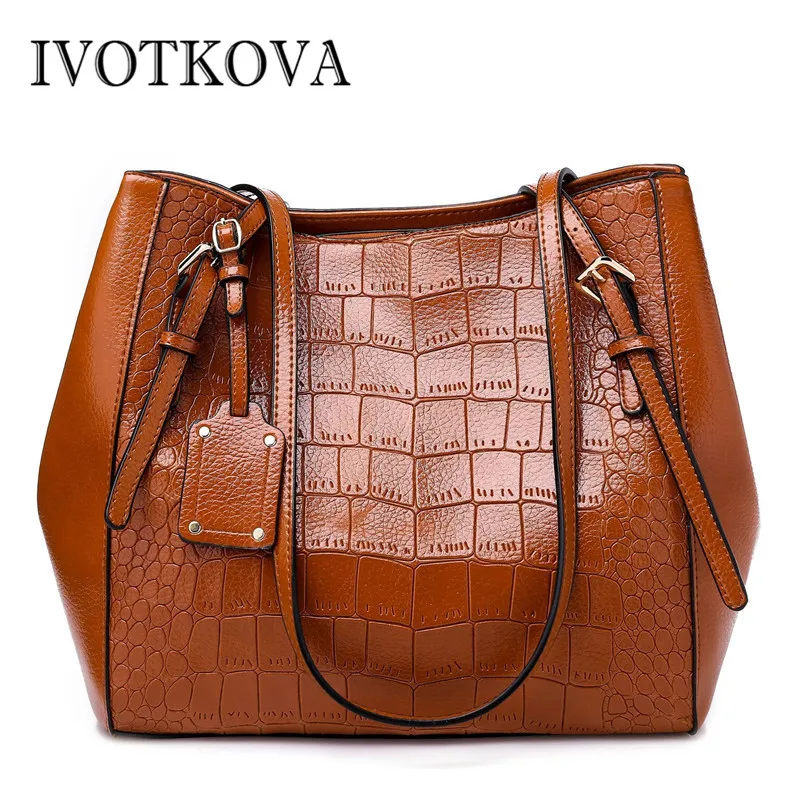 

IVOTKOVA Women Leather Handbags Casual Brown Tote bags Crossbody Bag TOP-handle bag Female Alligator lady shoulder purses bolsa
