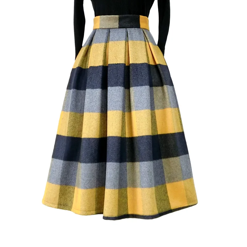 

New Arrival Fall Winter Women Elegant Plaid A-line Mid-calf High Waist Skirt Free Shipping XHSD-3269