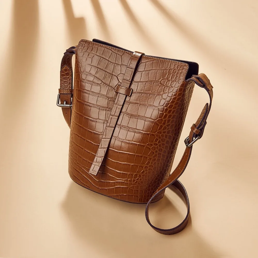

Crocodile Pattern Genuine Cow Leather Lady Vintage Bucket Purse Two-sets Women's Composite Pack Female Single Cross Shoulder Bag