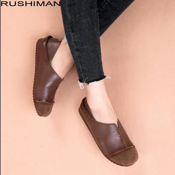 

RUSHIMAN Women Flat Shoes loafers women Genuine Leather Casual Flats Shoe Slip on Comfortable Driving shoes Ventilation
