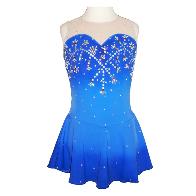 Best price at $123 Cheap Customized Costume Ice Figure Skating Gymnastics Dress Competition Adult Child Girl Skirt Performance Blue Strapless Rhinestone