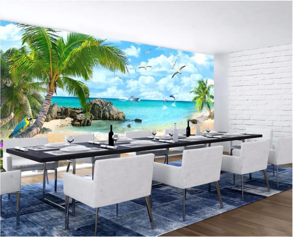 

Custom mural photo 3d room wallpaper Dolphin coconut trees on beach painting 3d wall murals wallpaper for walls 3 d