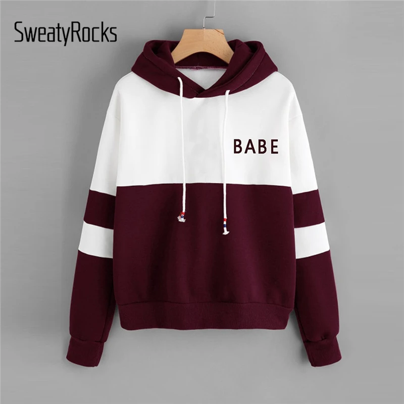  SweatyRocks Athleisure Color Block Drawstring Letter Hoodie Long Sleeve Pullovers Tops 2018 Autumn 