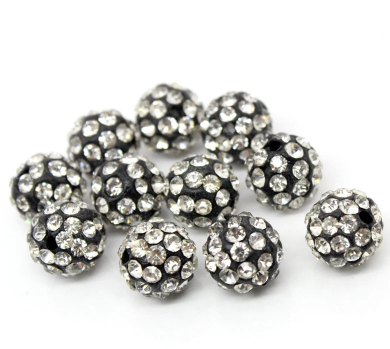 10Pcs Black Pave Clear Rhinestone Round Polymer Clay Ball Spacers Beads In Jewelry Findings 10mm
