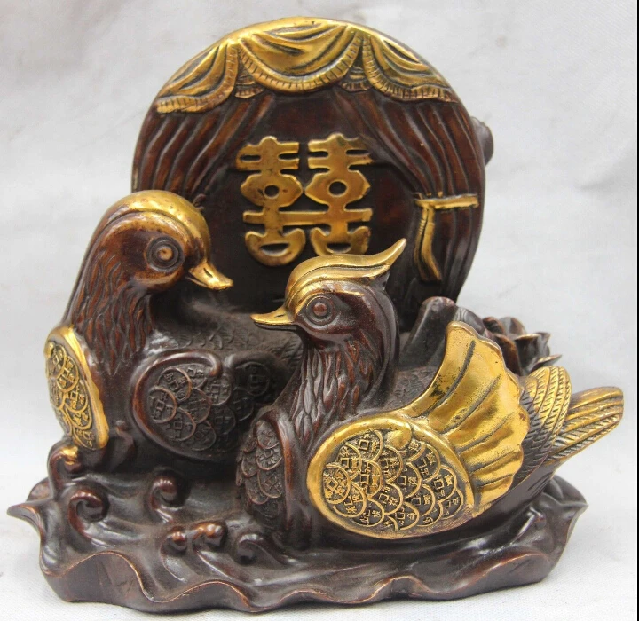 

Chinese Bronze Copper Gild Feng Shui Spouse Mandarin duck bird Statue sculpture
