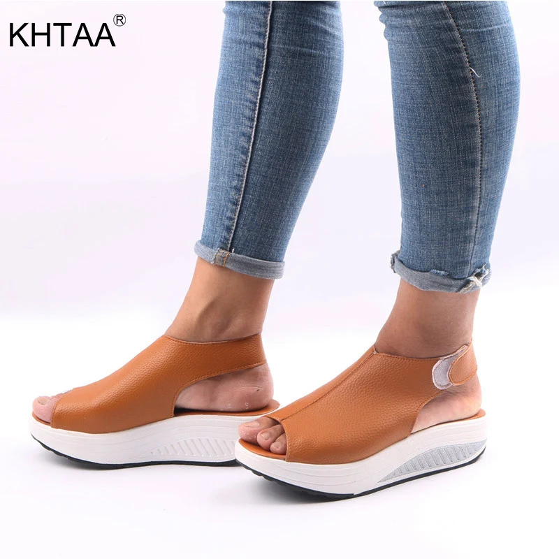 

KHTAA Summer Women Sandals Hook Loop Wedge Shoes Female Peep Toe Breathable Ladies Solid Comfortable Casual Shoes Plus Size