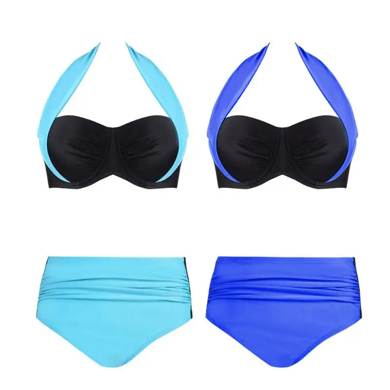 XXL Size Sexy Bikinis Swimsuit Push-up Wired Padded Bra Halter Patchwork High Waisted Bathing Suits Plus Size bikinis 2018 mujer