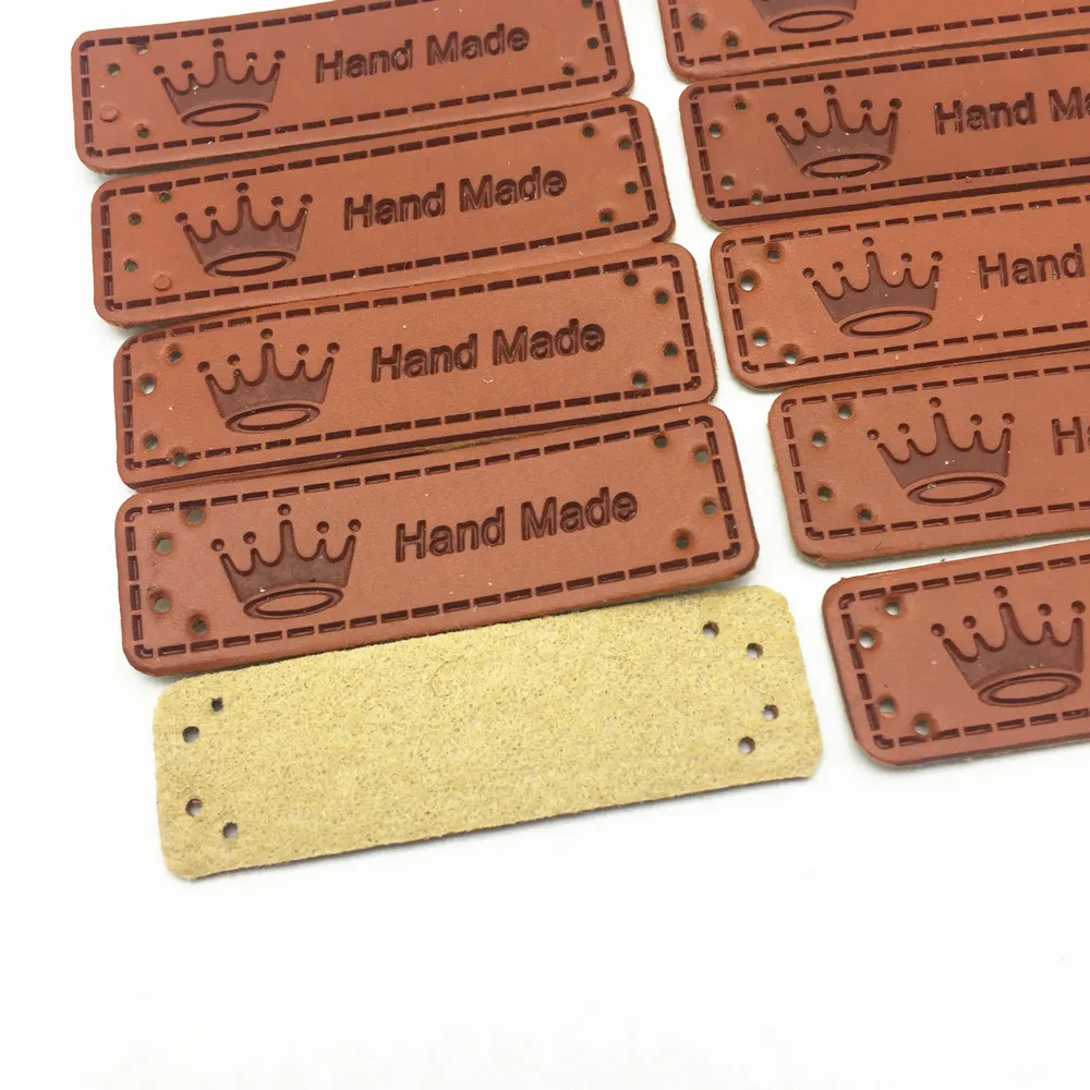 

20pcs 50x15mm "Handmade" PU Leather Garment Labels With Crown Design Embossed Rectangle Tag DIY Jeans Jacket Sewing Patch