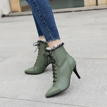 

Vogue Women Boots Lace Pacthwork High Heel Ankle Boots For Women Lace Up Leather Casual Women Shoes Botines Mujer