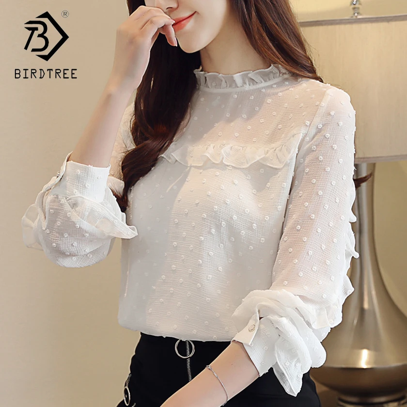 

Good Quality Woman Autumn Plus Size 2XL Blouses Sweet Lace Women Full Flare Sleeves Stand Neck Soild Chiffon Shirts T88412L