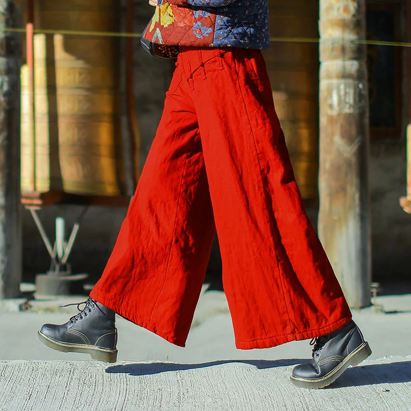 Cintura Fleece rojo Mujer Algodón Color Retro Vintage Negro Sólido Pantalones Warm Elástica Winter Mujeres wqSOEXw
