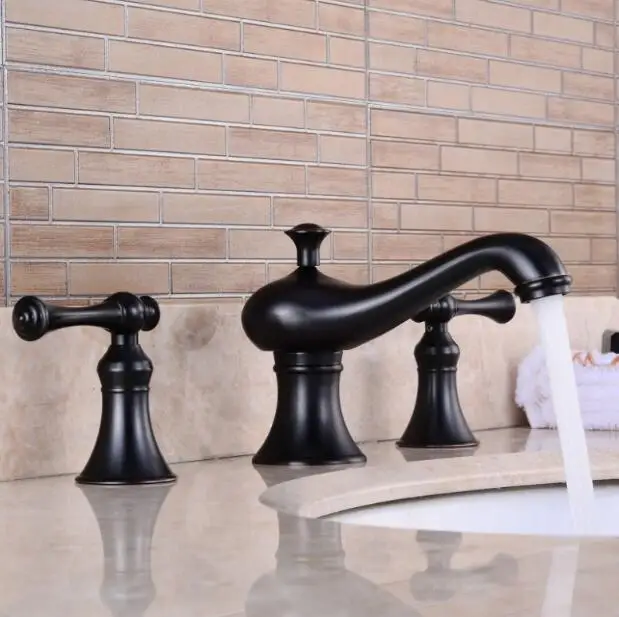 America style black finished bathroom widespread 8' cross handle sink faucet basin mixer tap three holes basin faucet fashion 3pcs black gold 8widespread basin tap faucet crystal dual handle three holes bathroom badkamer sink mixer kraan robinet