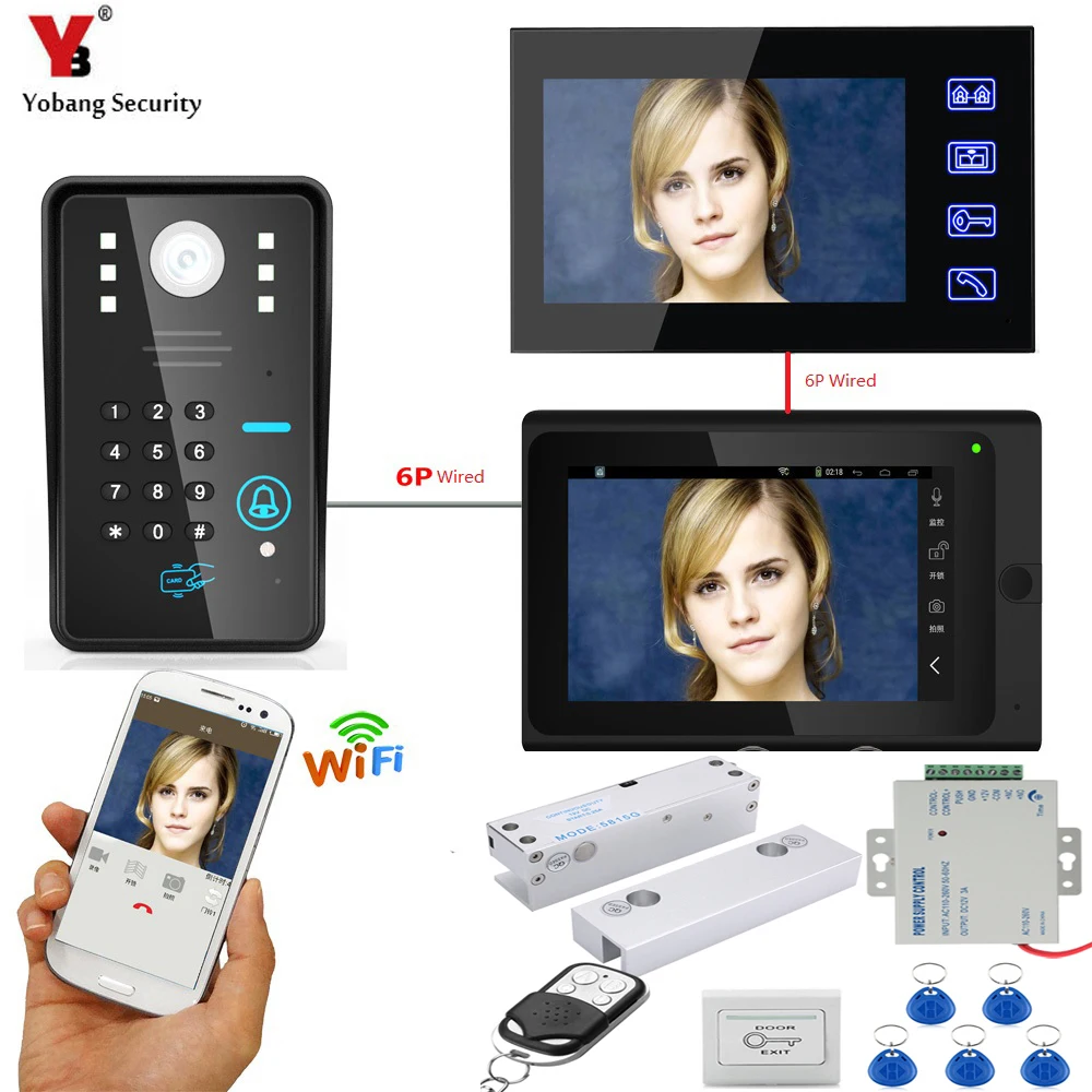 Yobangsecurity 2x7 дюймовый монитор Wi-Fi Беспроводной Видео Домофонные дверной звонок видеодомофон Системы Электронные дверные замки + Питание