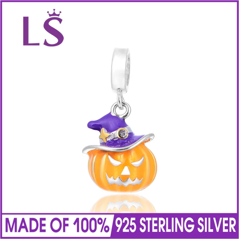 LS Висячие эмалированные Holloween тыквы 100% стерлингового серебра 925 Шарм Бусины